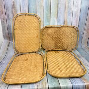 MCM Wicker Rattan Bamboo Serving Tray Set of 4 Tiki Tropical Beach Lap Vintage